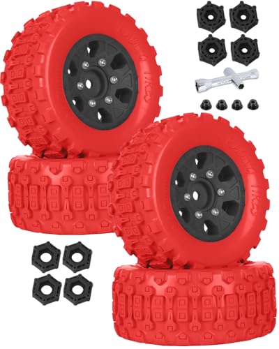 RC 1/10 Short Course Tires with 12MM 14MM 17MM Hex Compatible with Arrm a Senton,Axia1,Slash 2WD/4×4 4WD,Red cat, RC 4WD,Heavy Duty High Grip Rubber Tires w/Plastic Wheels,Red&Black - color: Red&black(4pcs)