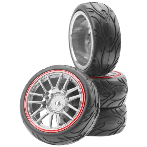 ShareGoo RC OD 2.59" Plastics 12mm Hex Wheels Rims & Rubber Tires Set 14-Spoke Compatible with Traxxas Tamiya Sakura HSP Kyosho WLtoys 1/10 RC On-Road Racing Touring Car (Red) - color: Red