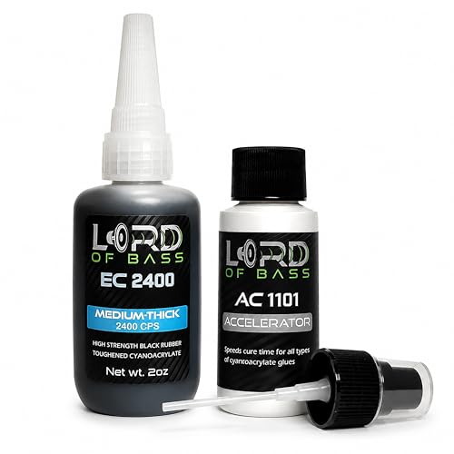 Lord of Bass CA Glue Kit with Activator, 2oz, Black Rubber Toughened, Medium-Thick 2400 CPS, for Speaker Repair, RC Tire, Woodturning, Hobby