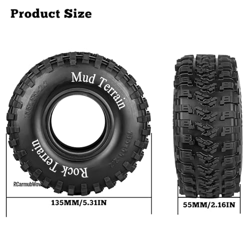 2.2 Inch RC Crawler Tires, 135x55mm Rubber Mud Terrain Tyres w/Foam Inserts, Compatible with TRX4 SCX10 Capra AMG 6x6 Gen8 Everest Gen7 Pro, RCarmubWow 2.2 RC Tires 1/10 Rock Crawler Upgrades Parts