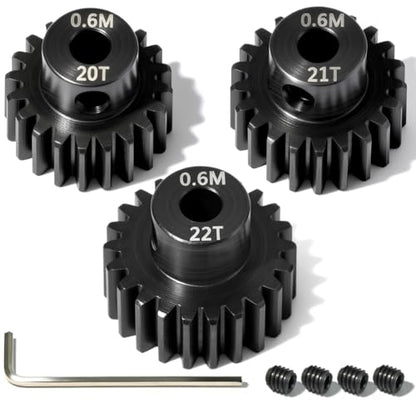 3PCS 0.6M Hardened Steel Pinion Gear Set with 3.175mm Shaft, 0.6 Metric Pitch 20T 21T 22T Pinion Gears for 540 550 Brushed Brushless Motor, Compatible with 1/10 Tamiya Redcat HSP HPI RC Car - size: 20 21 22T