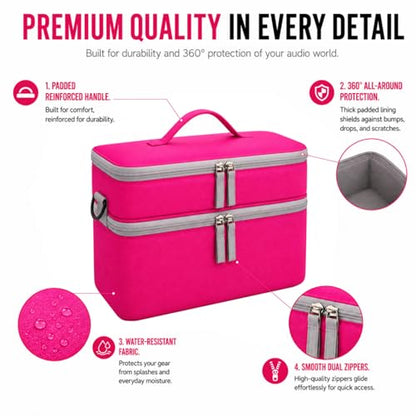 Carrying Case for Toniebox Gen 1 & 2, Holds 25+ Figures & Accessories | 2-layer top tray+deep bottom fit audio box, charging station & headphones; water-resistant with shock-absorbing EPE foam - color: Rosy Pink