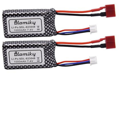 Blomiky 2 Pack 7.4V 1000mAh 7.4Wh 30C Lipo Battery T Plug Suitable for Haiboxing 18859E 18858 16890A and Q903 RC Trucks / Q903 Battery only