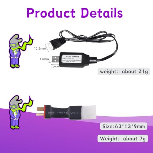 RC Battery Accessory Kit,No Wires Tamiya Male (White) Connector Switch to Deans T Female (red) Adapter, for Remote Control Toy Boat FPV Drone Car etc - 1 Pcs with 11.1V USB Charger Cable