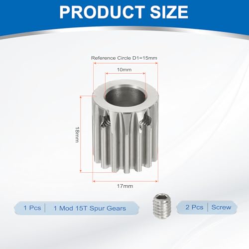 uxcell 1 Mod 15T Spur Gear 10mm Bore, 304 Stainless Steel Pinion Gear, 20°Pressure Angle, for Spur Rack and RC Model Car or Motor DIY - size: 1 Mod 15T, 10mm