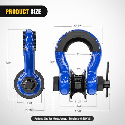 Nilight 3/4" D-Ring Shackle with Snatch Block, Heavy Duty Recovery Set | 9,500 lbs WLL, Winch Pulley, Fits Synthetic Rope & Steel Cable, Truck, Jeep, ATV, UTV, 2-Piece Kit, Blue - color: Blue 3/4" w/Towing Pulley 2 Pack, size: Shackle