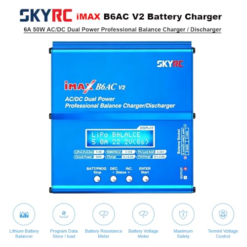 SKYRC iMAX B6AC V2 AC/DC Dual Power Professional LiPo Battery Balance Charger/Discharger | Lipo Battery Charger for 1-6S LiPo/Li-ion/LiHV/LiFe, 1-15S NiMH/NiCd, 2-20V Pb Battery