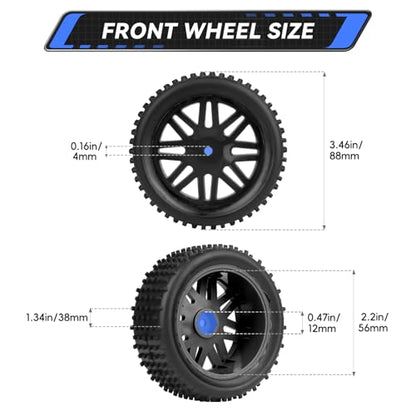 Preglued 12mm Hex Wheel Rims Rubber Tires with Foam Inserts OD 86mm/3.38" for Traxxas Bandit WLtoys 144001 Redcat 1/10 RC Off-Road Buggy Car, Set of 4 (Color A) - color: Color a