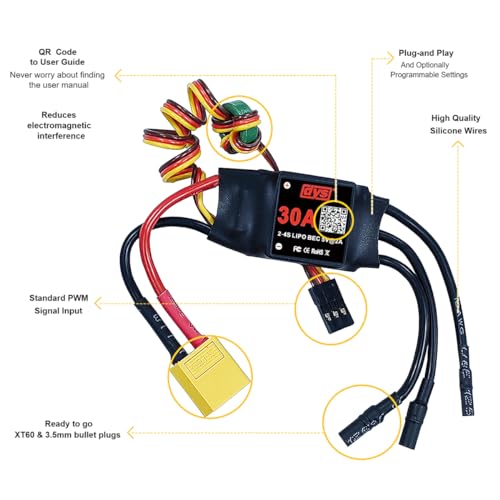 DYS 30A 2-4S Brushless ESC with 5V/2A BEC with XT60 & 3.5mm Plug for RC Fixed-Wing Aircraft Helicopter - color: Dys 30a Esc