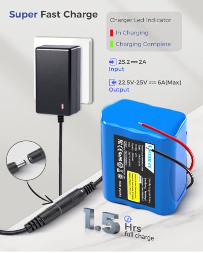 22.2V-24V 2.6Ah Lithium Battery, 22.2V-24V Rechargeable Li-ion Battery with Charger, Bare Leads Wire, Cable Connector for Kids Ride On Cars, DIY Project, Solar Panels, LED Light Strip, CCTV Camera