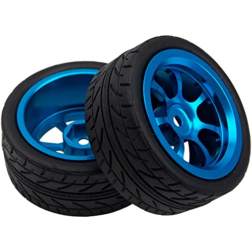 Metal Wheel Rims 12mm Hex Hub & OD 2.56" Rubber Tires Compatible with Tamiya HPI Kyosho HSP Redcat Exceed RC 1/10 On-Road Touring Car WLtoys 1/14 144001 (Dark Blue)