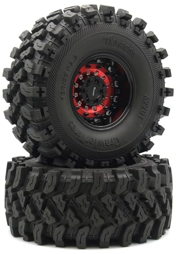 Heavy Duty RC Crawler 2.2 Beadlock Wheels Adjustable 2 Offsets and Tires 136mm Tall Soft Sticky Mud Slingers Tyres Rims Hex 12mm for 1/10 SCX10 TRX4 Axial Remote Control Car (Red Black) - color: Red Black