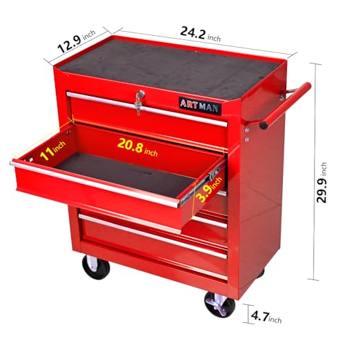 5-Drawer Lockable Tool Chest - Ball-Bearing Slides, 4 Casters (2 with Brakes) & Side Pull Handle, RED