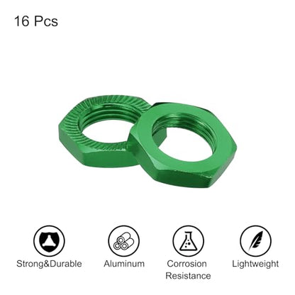 MECCANIXITY Aluminum 17mm RC Wheel Nut Thread M12x1.0mm Hex Wheel Nuts RC Wheel Nut for 1/8 RC Model Car Trucks Off Road Car Upgraded Parts Pack of 16(Green) - color: Green