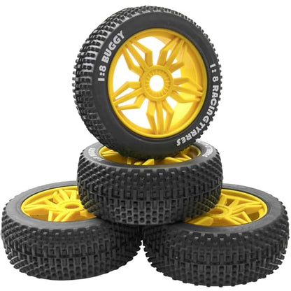 ShareGoo OD 4.52" 1/8 RC Buggy Rubber Tires Tyre w/ 5 Spoke Plastic Rim 17mm Hex Compatible with Arrma Kyosho Exceed RC Traxxas Redcat HSP HPI 1/8 Scale Off Road Car Buggy (Yellow) - color: Yellow