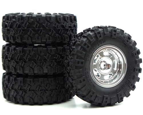 1.0 Aluminium Beadlock Wheel and Tire Set for SCX24 1/24 1/18 RC Crawler FK1002 (Silver) - color: Silver