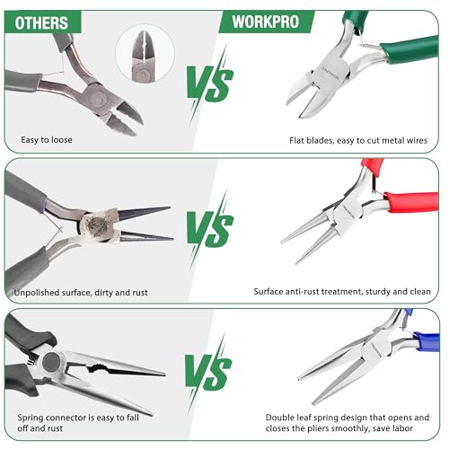 WORKPRO Jewelry Pliers Set, 3 Pack Jewelry Making Tool Kit | Needle Nose Plier/Chain Nose Plier, Round Nose Plier and Wire Cutter for Charm Bracelet, Jewelry Repair, DIY Crafts - color: Dark Blue, Dark Green, Red