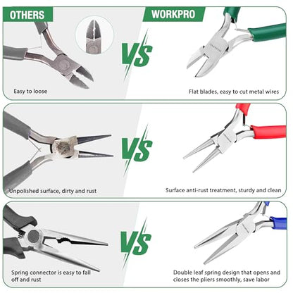 WORKPRO Jewelry Pliers Set, 3 Pack Jewelry Making Tool Kit | Needle Nose Plier/Chain Nose Plier, Round Nose Plier and Wire Cutter for Charm Bracelet, Jewelry Repair, DIY Crafts - color: Dark Blue, Dark Green, Red