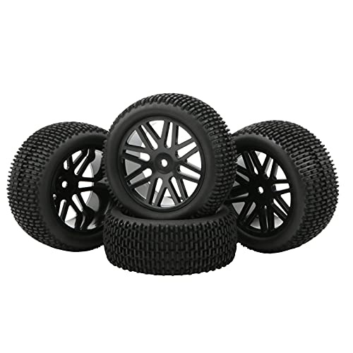 RC Tires & Wheels Set, Black, 4PCS, 1/10 Scale, 12mm Hex | Compatible with Traxxas Rustler Stampede Slash Bandit, Off-Road Buggy Tires, Foam Inserts - color: Black