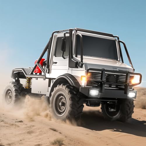 1/18 Semi-Truck RC Crawler MN-333, 4WD Alloy 4x4 RC Car, Portal Axles, 2-Speed Transmission, Full LED Lights for Hobbyists(Silver) - color: Silver