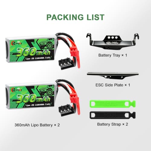 2PCS 7.4V Lipo Battery 2S 360mAh PH2.0 Plug Rechargeable Lithium Battery with RC Battery Side Plate and ESC Receiver Side Tray for RC Axial SCX30 Upgrade Crawler Car Trucks - color: 2pcs 360mAh, w/ battery & ESC trays