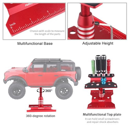 HobbyPark Mini RC Car Work Stand Aluminum for 1/24 1/18 Scale RC Crawler Axial SCX24 Traxxas TRX4M FCX24 FCX18 Workstation 360 Degree Rotation Lift Lower (Red) - color: Red