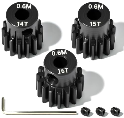 3PCS 0.6M Hardened Steel Pinion Gear Set with 3.175mm Shaft, 0.6 Metric Pitch 14T 15T 16T Pinion Gears for 540 550 Brushed Brushless Motor, Compatible with 1/10 Tamiya Redcat HSP HPI RC Car - size: 14 15 16T