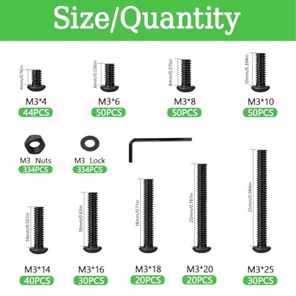 1002PCS M3 Assorted Nuts and Bolts Kit, M3x4/6/8/10/14/16/18/20/25mm Screw Kits, Metric Hex Button Head Cap Screws, Nuts and Flat Washers, for 3D Printer Mods, Bed Frame, Furniture, Automotive - size: M3x4/6/8/10/14/16/18/20/25-1002Pcs