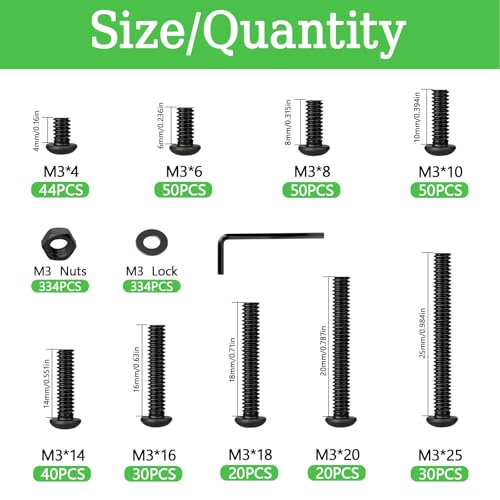 1002Pcs M3 Metric Hex Button Head Fastener Kit, Screws, Nuts & Flat Washers | M3 screws in sizes M3x4,6,8,10,14,16,18,20,25mm fit 3D printer mods, bed frames, furniture assembly, automotive & DIY repairs - size: M3x4/6/8/10/14/16/18/20/25-1002Pcs