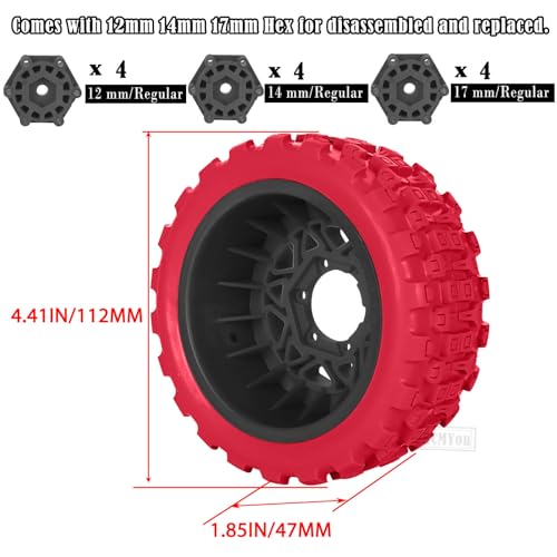 RC F/R Wheels and Tires Set w/Detachable Replace Running on Off-Road Tire RC Wheel Hex for 1/10 Slash 4WD 4×4 2WD/Arrm a Senton/Axia1/Rc 4wd/Redca t,12mm/14mm/17mm Hex,Black-Red（4PCS - color: Black-red(rc Wheels Tires)