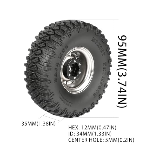 4PCS 1.55 inch Aluminum Metal Beadlock Wheels Rim and 95mm Rubber Tires Set Replacement for 1/10 RC Crawler Car for D90 TF2 Tamiya CC01 CC02 LC70 JIMNY Axial AX90069 Upgrade Parts(Silver) - color: Silver