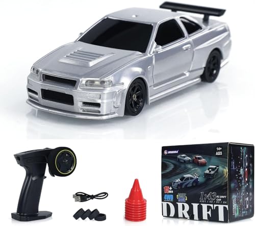 TOUCAN RC HOBBY 1:43 Remote Control Mini Drift Car Race Car Radio Lights Traffic Safety Cone Without a Gyro Silver,US in Stock - color: 4304