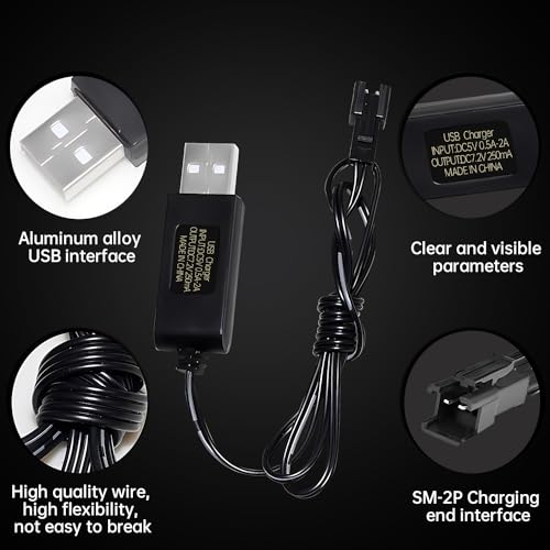 2PCS 7.2V 250mA USB Charging Cable with SM-2P Plug Connector for RC Excavators,Trucks,Tanks,Engineering Vehicles,RC Cars,Stunt Vehicles, 7.2V NiCd or NiMH or Lipo Battery USB Chargers