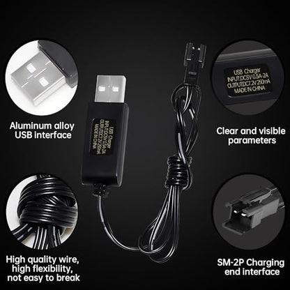 2PCS 7.2V 250mA USB Charging Cable with SM-2P Plug Connector for RC Excavators,Trucks,Tanks,Engineering Vehicles,RC Cars,Stunt Vehicles, 7.2V NiCd or NiMH or Lipo Battery USB Chargers