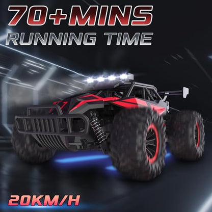 1:16 Scale Remote Control Car, 20 Km/h High Speed Remote Control Truck Off Road RC Monster Vehicle with LED Headlights and Chassis Lights, Electric Toy for Boys Kids and Adults - color: Crimson Thunder
