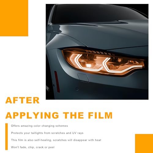 Car Headlight Vinyl Film, 48"×11.8" Self-Adhesive Car Headlight Tint Sticker with Squeegee & Cutter, Waterproof Wrap Film Roll for Vehicle Headlights Taillights Fog Lights (Orange) - color: Orange