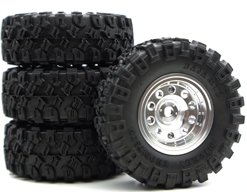 RC 1.0 Aluminium Beadlock Wheel and Tire Set for SCX24 1/24 1/18 RC Crawler YK1002 (Silver) - color: Silver