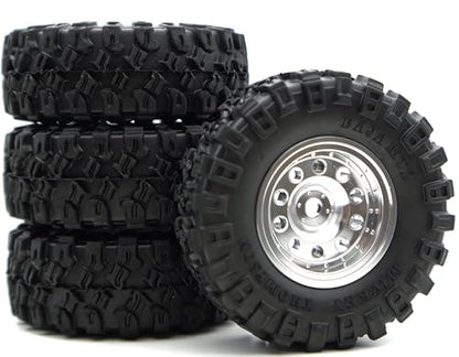 RC 1.0 Aluminium Beadlock Wheel and Tire Set for SCX24 1/24 1/18 RC Crawler YK1002 (Silver) - color: Silver