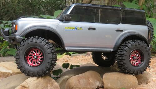 2.2 Beadlock Wheels and Tires 124mm Tall Tyres, Mud Slingers 2.2 Tires and Wheels Adjustable Offset 40mm Wide Rims for 1/10 RC Crawler SCX10 Capra Upgrades,HS701586 - color: Black & Red