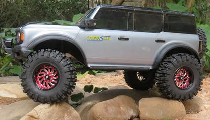 2.2 Beadlock Wheels and Tires 124mm Tall Tyres, Mud Slingers 2.2 Tires and Wheels Adjustable Offset 40mm Wide Rims for 1/10 RC Crawler SCX10 Capra Upgrades,HS701586 - color: Black & Red