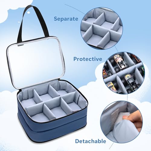 LUXJA Double Layer Toy Car Storage Bag Compatible with Hot Wheels, Blue | PVC Carrying Case for 1:64 Monster Jam Trucks, Holds Up to 14 Collectible Toy Cars