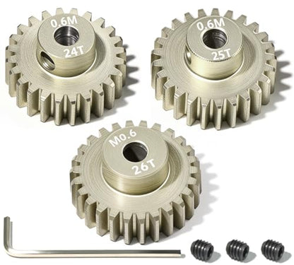 3PCS 0.6 Mod 0.6M Pinion Gear Set 24T 25T 26T, 7075 Aluminum Alloy with 3.175mm Bore for 540 550 Brushed Brushless Motors, Fits for 1/10 Tamiya Redcat HSP HPI RC Cars - size: 24 25 26T