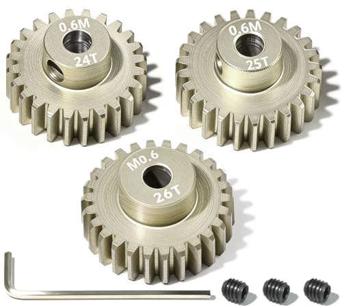 3PCS 0.6 Mod 0.6M Pinion Gear Set 24T 25T 26T, 7075 Aluminum Alloy with 3.175mm Bore for 540 550 Brushed Brushless Motors, Fits for 1/10 Tamiya Redcat HSP HPI RC Cars - size: 24 25 26T