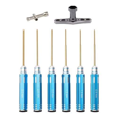 8pcs RC Hex Screw Driver Set & Cross Wrench & 17mm Nut Driver, 0.9mm 1.3mm 1.5mm 2.0mm 2.5mm 3.0mm Titanium Hexagon Screwdrivers Tool for RC Car Quadcopter Multi-Axis FPV Racing Drone, Blue