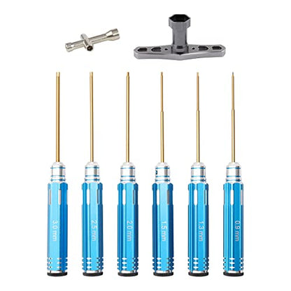 8pcs RC Hex Screw Driver Set & Cross Wrench & 17mm Nut Driver, 0.9mm 1.3mm 1.5mm 2.0mm 2.5mm 3.0mm Titanium Hexagon Screwdrivers Tool for RC Car Quadcopter Multi-Axis FPV Racing Drone, Blue