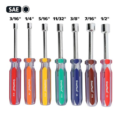 Great Neck ND72 7-Pc SAE Nut Driver Set, Nut Drivers for Automotive, Mechanical, and DIY Projects, Chrome Vanadium Steel, Acetate Color-Coded Handles, Rust-Resistant, ANSI Rated Tools - size: SAE