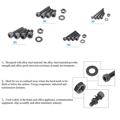 DYWISHKEY 1220 PCS M2 M3 M4 M5, 12.9 Grade Alloy Steel Hex Socket Head Cap Bolts Screws Nuts Washers Assortment Kit with Hex Wrenches - color: carbon black