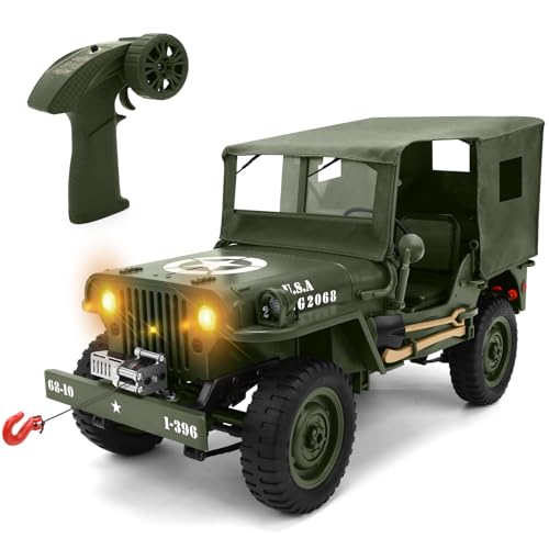 Remote Control Truck Off Road - 4x4 1/10 Scale Willys Army Rock Crawler RC Truck with Winch&Car Cover, 40Mins Play Time All Terrain Offroad RC Car, Military Vehicle Toys for Boys, Radio Controlled Car - color: Army Green