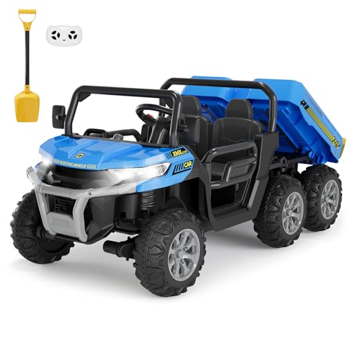 Hetoy 24V 2-Seater Ride On Dump Truck with Parent Remote Control, 4WD 6-Wheel Electric Car for Big Kids, UTV Style Dump Bed & Music Horn, ASTM/CPSIA Certified (Ages 3+) - color: Blue