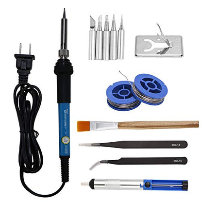 Electronics Soldering Iron Kit，60W 110V Adjustable Temperature Welding Tool Set, 5pcs Different Soldering Tips, Stand, Tweezers,Desoldering Pump,2pcs Solder Wire, Brush